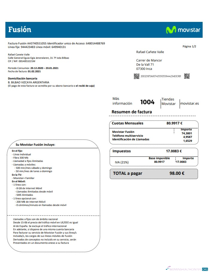 download Spain Movistar Fusion telecom operator utility bill document in Word and PDF format PDF template